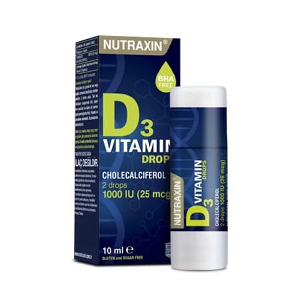 Nutraxin قطرات فيتامين د3 من نوتراكسين، شاليكالسيفيرول، قطرتان، 1000 وحدة دولية، 10 مل