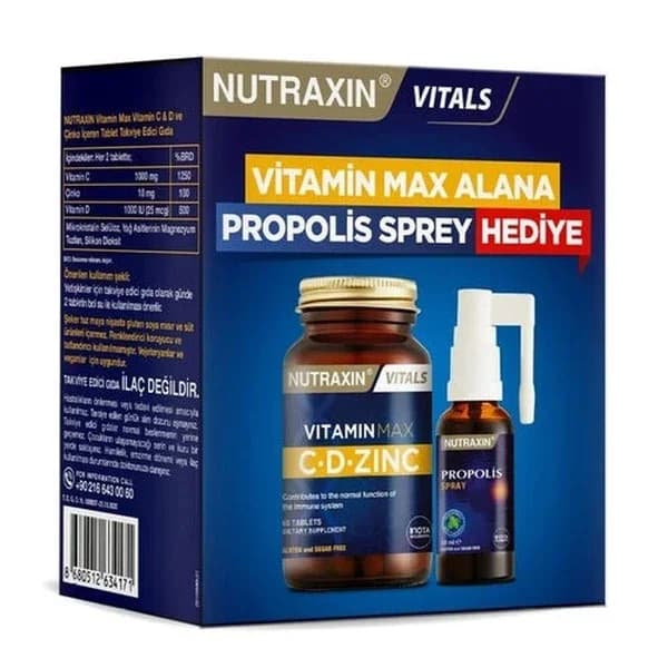 Nutraxin نيوتراكسين فيتامين ماكس سي-دي-زنك 60 قرصًا + بخاخ بروبوليس 30 مل هدية