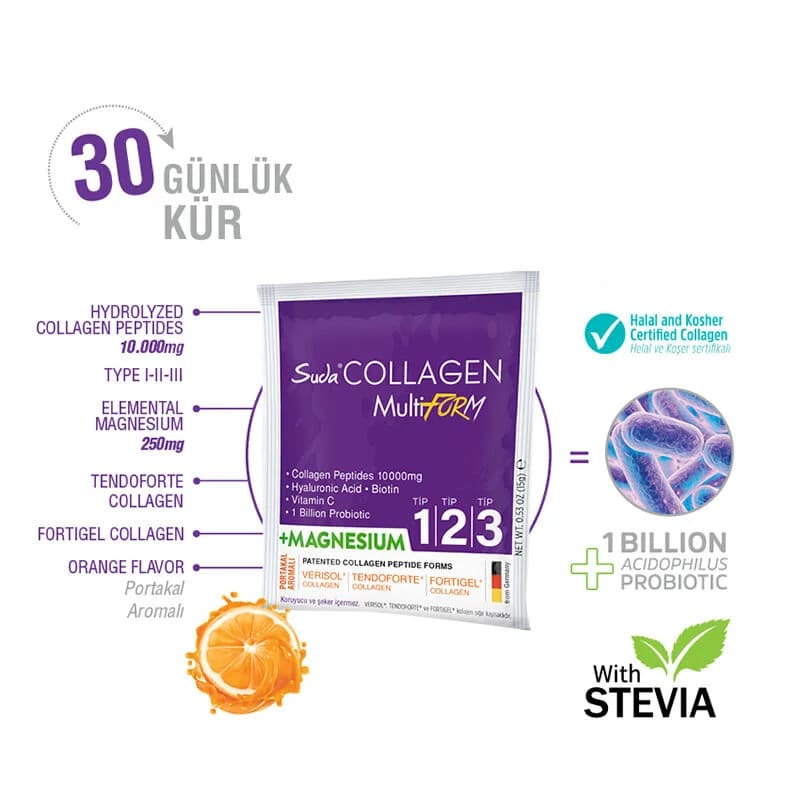 كولاجين سودا متعدد الأشكال + مغنيسيوم في الماء 30 × 15 غرام بنكهة البرتقال Suda Collagen