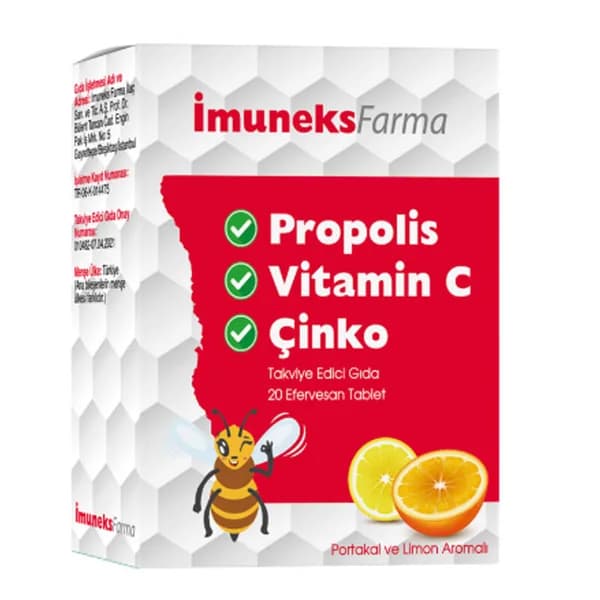 Imuneks Propolis Vitamin C Zinc Food Supplement 20 Effervescent Tablets