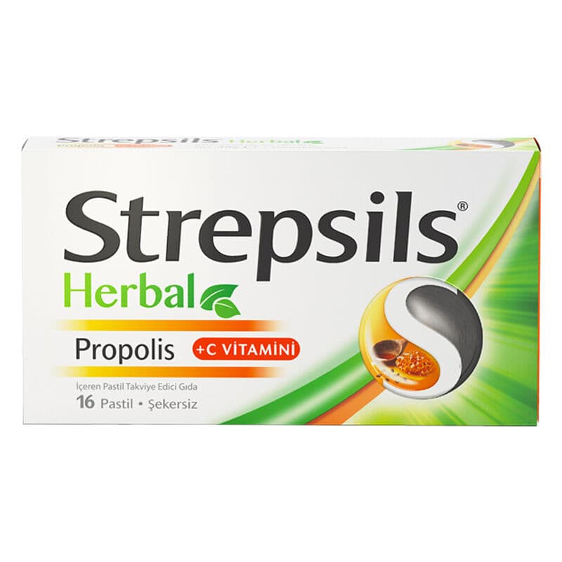 Strepsils ستربسلز هيربال بروبوليس + فيتامين سي، غذاء مكمل، 16 قرص استحلاب